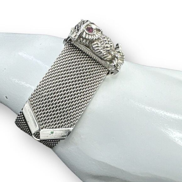 Vintage SARAH COVENTRY Owl Rhinestone Silver Tone Mesh  Slide Bracelet - Picture 6 of 10